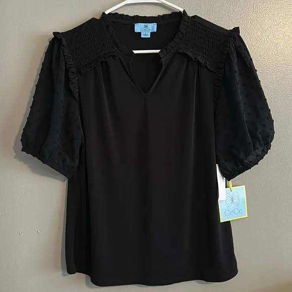 CeCe Women's Short Sleeve V-Neck Mixed Media Top - Picture 2 of 7